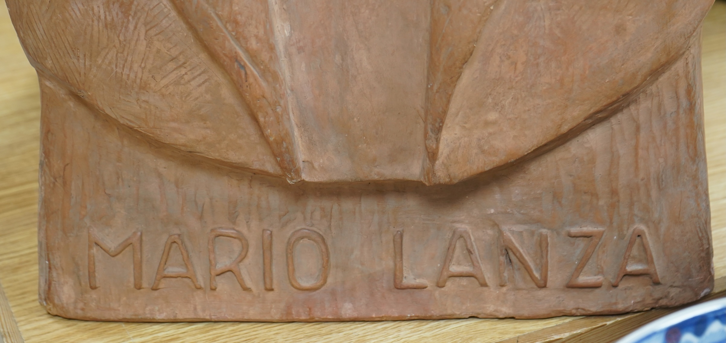 Mario Lanza - a terracotta bust by the sculptor Rosa Villam, signed to the side of the bust; ‘ Thank You For Your Golden Voice and Heart. Rosa Villam, Sculptor, Hungary-Budapest-1964’, 66cm high, together with aframed RC